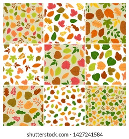 Seamless autumn leaves backgrounds. Set of nine patterns with colorful autumn leaves. Vector illustration