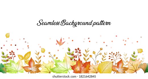 Seamless autumn leaves and flowers pattern in white background.  copy space, space for text. 