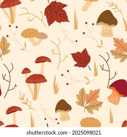 Seamless Autumn Leaves And Mushrooms Vector Pattern. Autumn Background. Fall. Mushrooms.