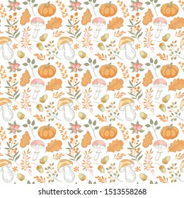 Seamless autumn leaves pattern background hand drawn 