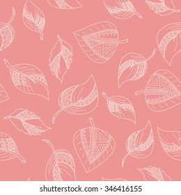 Seamless autumn leaves pattern with decorative ornament elements. Beige outline on pink background.