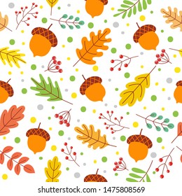 Seamless autumn leaves pattern. Fall season colors, fallen yellow leaf and autumnal acorns. Autumnal nature foliage wallpaper, fabric or wrapping vector illustration