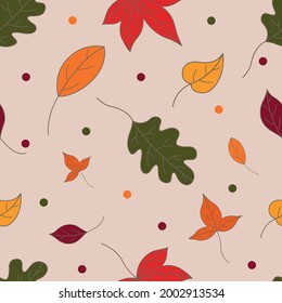 Seamless autumn leaves pattern. Pattern in flat style. Leaves in autumn colors. Background for your cards, illustrations, wallpaper, gift paper. 