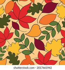 Seamless autumn leaves pattern. Pattern in flat style. Leaves in autumn colors. Background for your cards, illustrations, wallpaper, gift paper. 