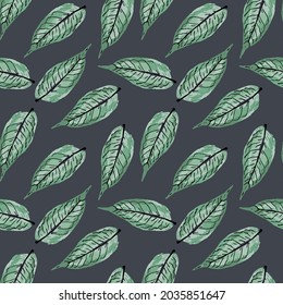 patrón de hojas de otoño sin costura con hojas verdes. Se puede usar como textura para tela, como fondo azul oscuro para tarjetas de regalo, en diseño web, como patrón para papel pintado y etc.