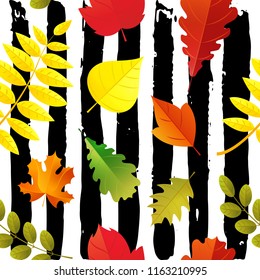 Seamless Autumn leaves pattern isolated on brush ink background. Colorful fall leaf cartoon flat style for wrapping paper, gift paper, pattern fills, web page, autumn greeting card. Vector