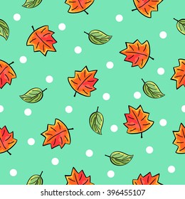 Seamless autumn leaves pattern on green background with white dots. Vector illustration. Great for textile, wallpaper, wrapping paper and more.