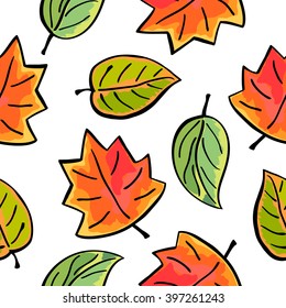 Seamless autumn leaves pattern on white background. Vector illustration. Great for textile, wallpaper, wrapping paper and more.