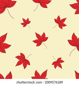 Patrón de hojas de otoño sin foco. Hojas de otoño rojas. Patrón de estilo plano. Saltos en colores otoñales. Antecedentes de sus tarjetas, ilustraciones, papel pintado, papel de regalo. 