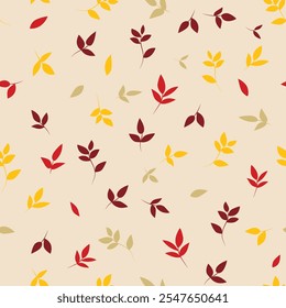 Seamless autumn leaves pattern in red, yellow, and beige for seasonal designs and backgrounds	