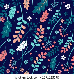 Seamless autumn leaves pattern. Vector rowan, cranberry and viburnum berries, the oak leaves, shepherd 's purse leaf fall color pattern. Dark blue, turquoise, orange, coral colors for textiles
