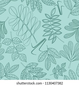 Seamless autumn leaves patterns, turquoise background. Textile print