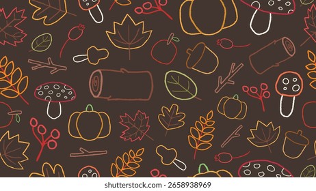 Patrón de arte de línea de otoño sin fisuras con calabazas, hojas, bellotas y setas sobre un fondo oscuro. Perfecto para la tela, embalaje, redes sociales o proyectos de diseño de temporada.