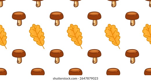Seamless Autumn Mushroom Leaf Pattern. Seamless pattern with brown mushrooms and yellow oak leaves on white background. Flat style, warm autumn colors.