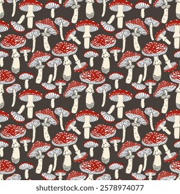 Seamless autumn mushroom pattern with fly agarics on a dark background.