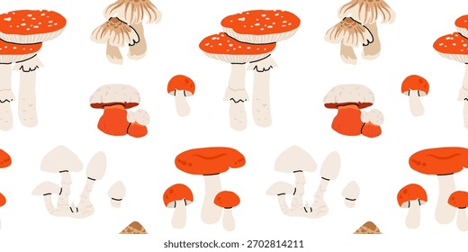 Padrões de cogumelos de outono sem costura com mosca agárica, porcini e fungos da floresta em estilo de vetor plano desenhado à mão acolhedor, queda de floresta design sem emenda para tecido, papel de embrulho, decoração da cozinha