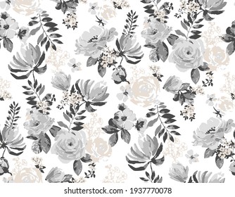 seamless autumn natural abstract pattern. Roses flower and blossoms, with small flower elements. Fabric texture print. grey  floral and leaves on a white background,