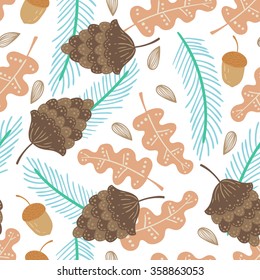 Seamless autumn nature vector pattern background with leaves, evergreen branches, acorn and cones.