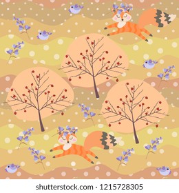 Seamless autumn patchwork pattern with cute cartoon foxes in the forest. Print for fabric, wallpaper.