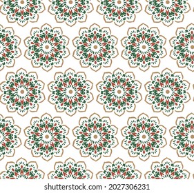 Seamless autumn pattern with abstract flowers. Fashion textile print. Asian fabric background. Vector monochrome design.green and beige geometric pattern with floral form on white background.