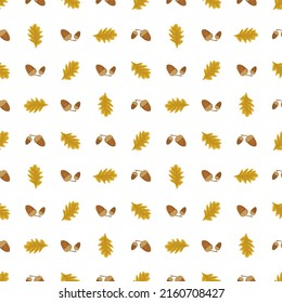Seamless autumn pattern with acorn and leaves on white background. Bright fall print for textile and design. Vector flat illustration