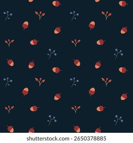 Padrão de outono sem costura com bolotas e bagas em um fundo escuro. Adequado para têxteis de outono, impressão para guarda-chuvas, cama, colchão, papéis de parede, capa
