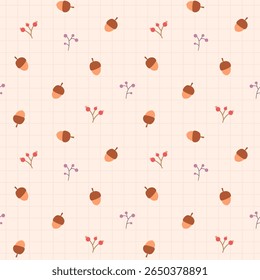 Um padrão de outono sem costura com bolotas e bagas em um fundo creme leve com uma grade. Perfeito para têxteis de outono, papéis de parede, impressões de cama, pijamas, guarda-chuvas, capas de chuva, roupas de cama