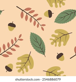 A seamless autumn pattern with acorns, green and mustard leaves, and peachy branches on a soft beige background. Ideal for cozy fabric designs, seasonal decor, and wrapping paper