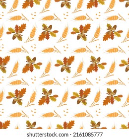 Seamless autumn pattern with acorns, oak leaves and ears of wheat on white background. Bright autumn harvest print for textiles and design. Vector flat illustration