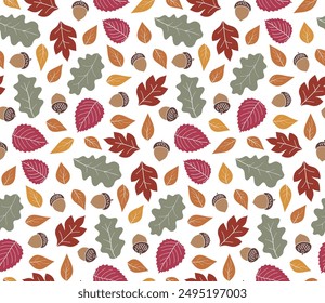 Seamless autumn pattern with acorns and oak leaves, autumn background with falling leaves.