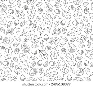 Seamless autumn pattern with acorns and oak leaves, contour.