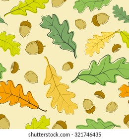 Seamless autumn pattern with acorns and oak leaves. Vector background