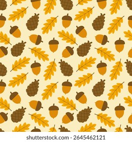 Motif d'automne harmonieux de glands, de pommes de pin et de feuilles de chêne dans des tons chauds bruns et jaunes