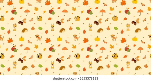 Padrão de outono sem costura com cães adoráveis, gatos, ouriços, folhas, abóboras, guarda-chuvas, bolotas e maçãs no fundo bege editável