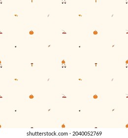 Seamless autumn pattern with a lot of air and small car and pumpkin illustrations. Doodle illustrations on beige background. For prints, backgrounds, wrapping paper, textile, linen, wallpaper, etc. 