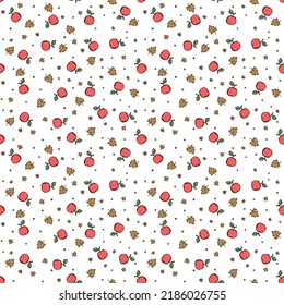 Seamless autumn pattern with apples and leaves. Red apples and maple leaves background. Apple pattern