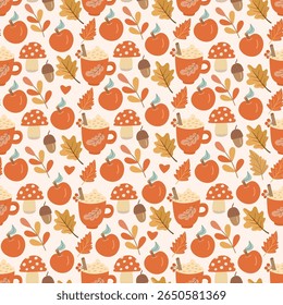 Seamless autumn pattern with apples, mushrooms, hot drinks, leaves, and acorns. Cozy seasonal design for fabric, scrapbooking or packaging.