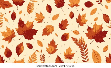 Fundo de padrão de outono sem costura com várias folhas coloridas espalhadas por uma superfície clara.