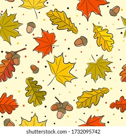Seamless autumn pattern. Background from hand-drawn autumn maple and oak leaves and acorns. Fall. Vector doodle style illustration for calendar, season, fabric, cover or banner.