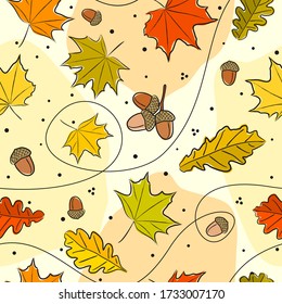Seamless autumn pattern. Background from hand-drawn autumn maple and oak leaves and acorns. Fall. Vector doodle style illustration for calendar, season, fabric, cover or banner.