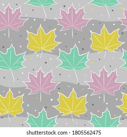 Seamless autumn pattern. Background from hand-drawn autumn maple leaves and points. Fall. Vector doodle style illustration for calendar, season, fabric, cover or banner.