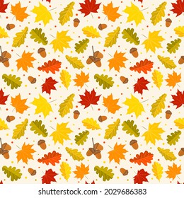 Seamless autumn pattern. Background from hand-drawn autumn maple and oak leaves and acorns. Fall. Vector doodle style illustration for calendar, season, fabric, cover or banner.