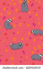 Seamless autumn pattern with badgers and leaves. Vector graphics.