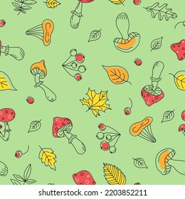 Seamless autumn pattern.  Berries, leaves, mushrooms. Background with rain. Picking mushrooms in the forest, in the park. Doodle style. Vector illustration.	