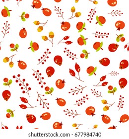 Seamless autumn pattern with berries and leaves. Vector Colorful background for wallpaper, gift paper, greeting cards, wrapping, textile, print.