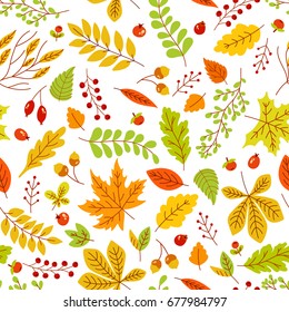 Seamless autumn pattern with berries and leaves. Vector Colorful background for wallpaper, gift paper, greeting cards, wrapping, textile, print.