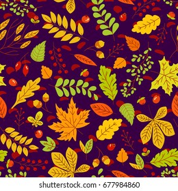 Seamless autumn pattern with berries and leaves. Vector Colorful background for wallpaper, gift paper, greeting cards, wrapping, textile, print.