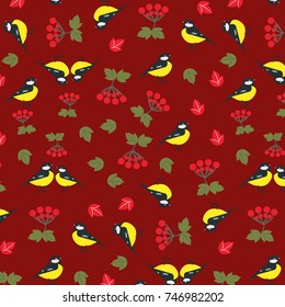 Seamless autumn pattern with bird, viburnum, tit and
burgundy color