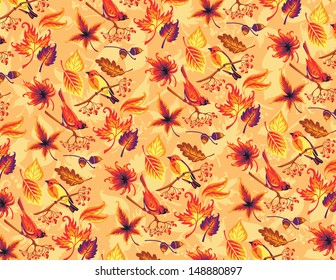 Seamless autumn pattern with birds and leaves.