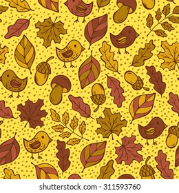 Seamless autumn pattern with birds, leaves and acorns